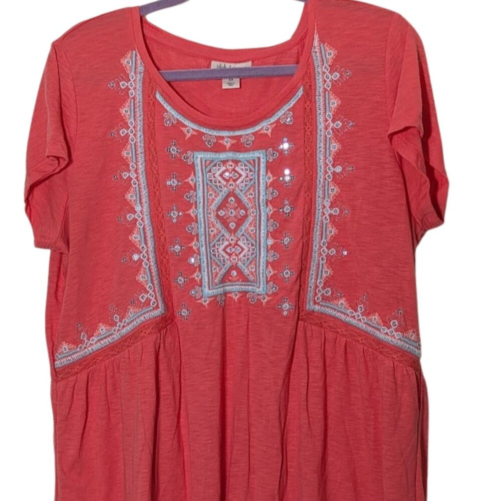 Style&co. Women Geometric Embroidered Short Sleeve Coral T-Shirt Size 3X